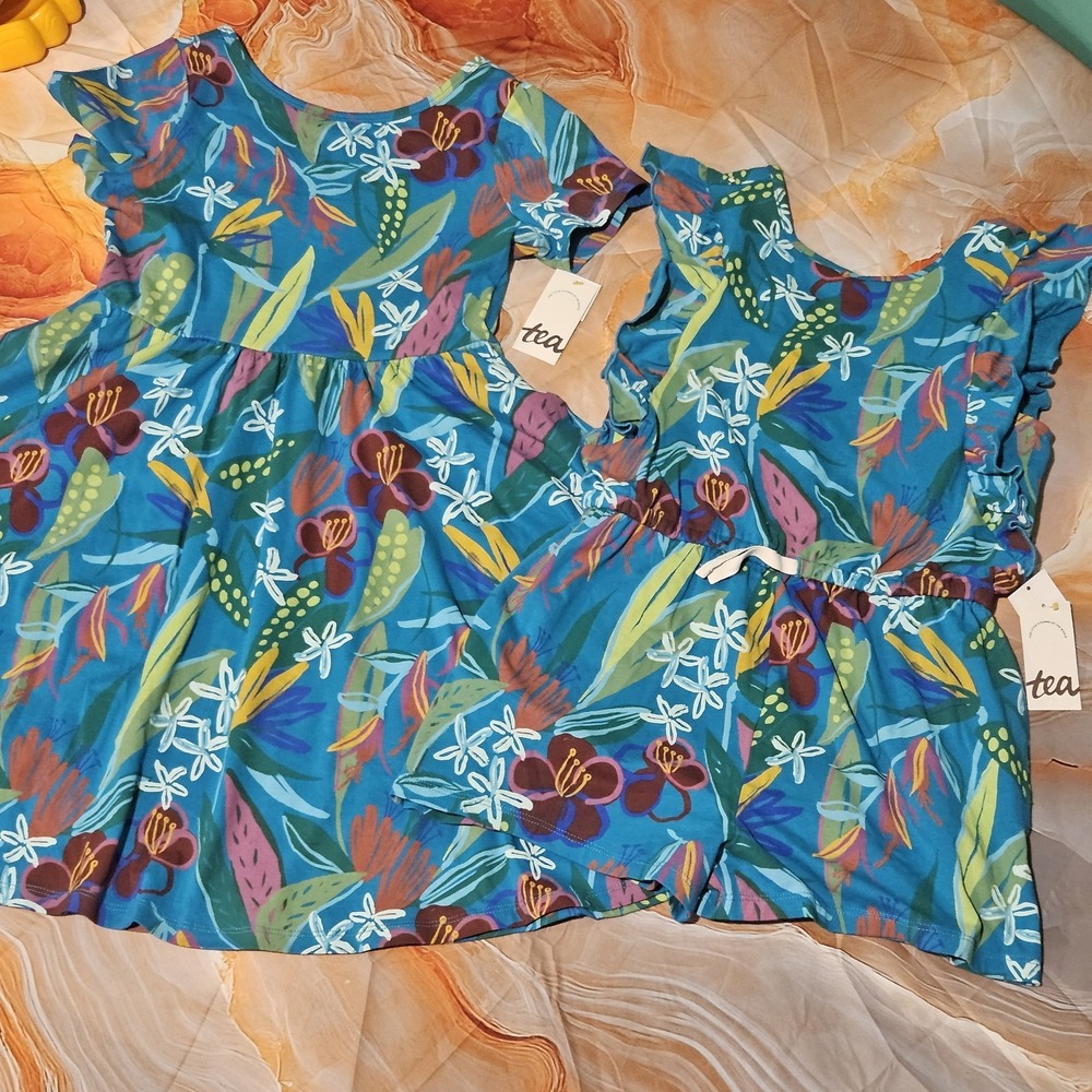 Tea Collection Girls Matching Tropical Floral Dress Romper Lot Size 10 12 NWT
